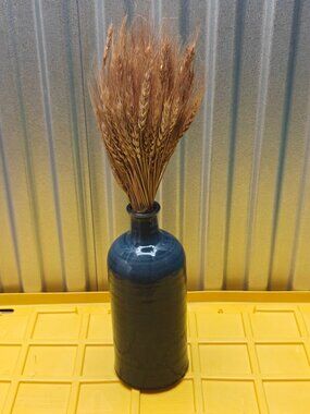 APROPOS Blue Ceramic Bottle Vase with Dried Wheat Bouquet Farmhouse Decor